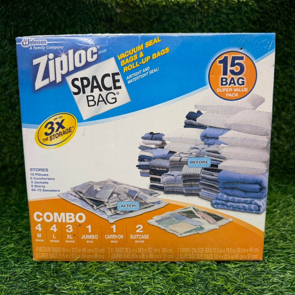Ziploc Space Bag 15 Bag Combo Pack Vacuum Seal Roll-Up Travel Storage New Box